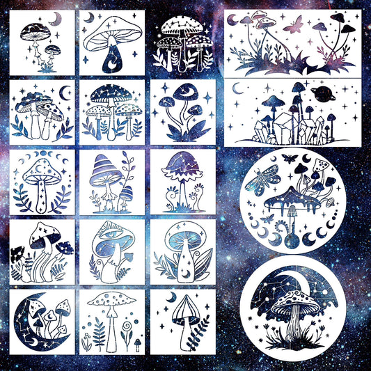 Keluna Mushroom Stencils for Painting, 18 Pcs Bohemian Art Craft, 12 Inch Large Reusable Crescent Moon Phase Drawing Template for Wood Wall Canvas Home Decor