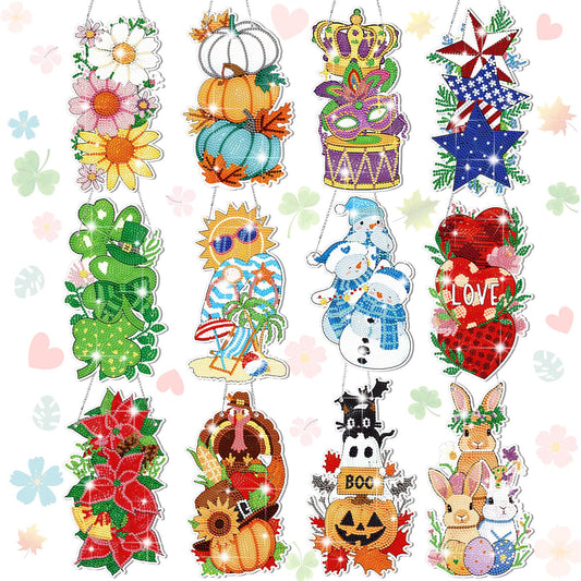 Cinnvoice 12 Pcs Seasonal Diamond Art Wreath Kits Holiday 5d DIY Diamond Painting Signs Germ Hanging Art Ornaments for Wall Door Decorations (Vertical)