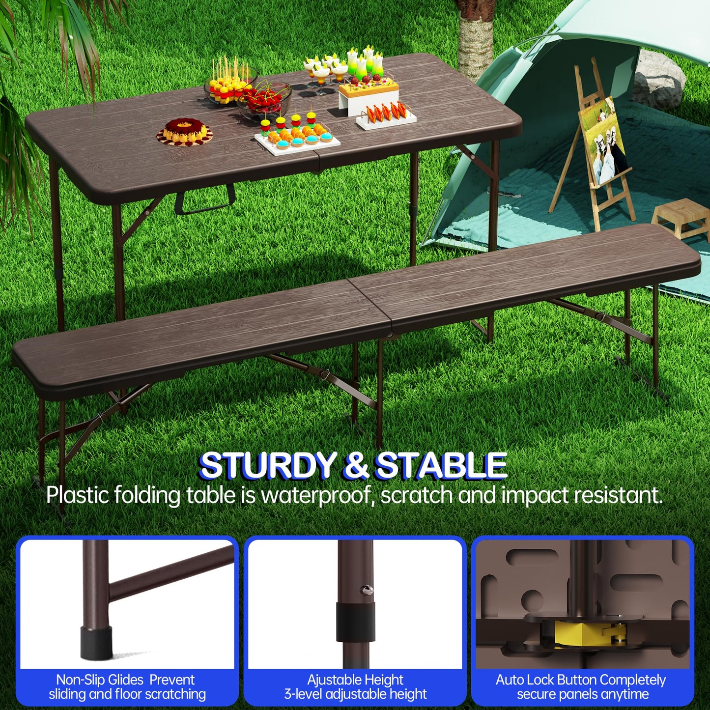 VSOAEIL Folding Table 4 Foot for Indoor Outdoor, Portable Heavy Duty Fold-in-Half Utility Small Plastic Adjustable Height Folding with Carrying Handle for Picnic Camping and Party, Brown