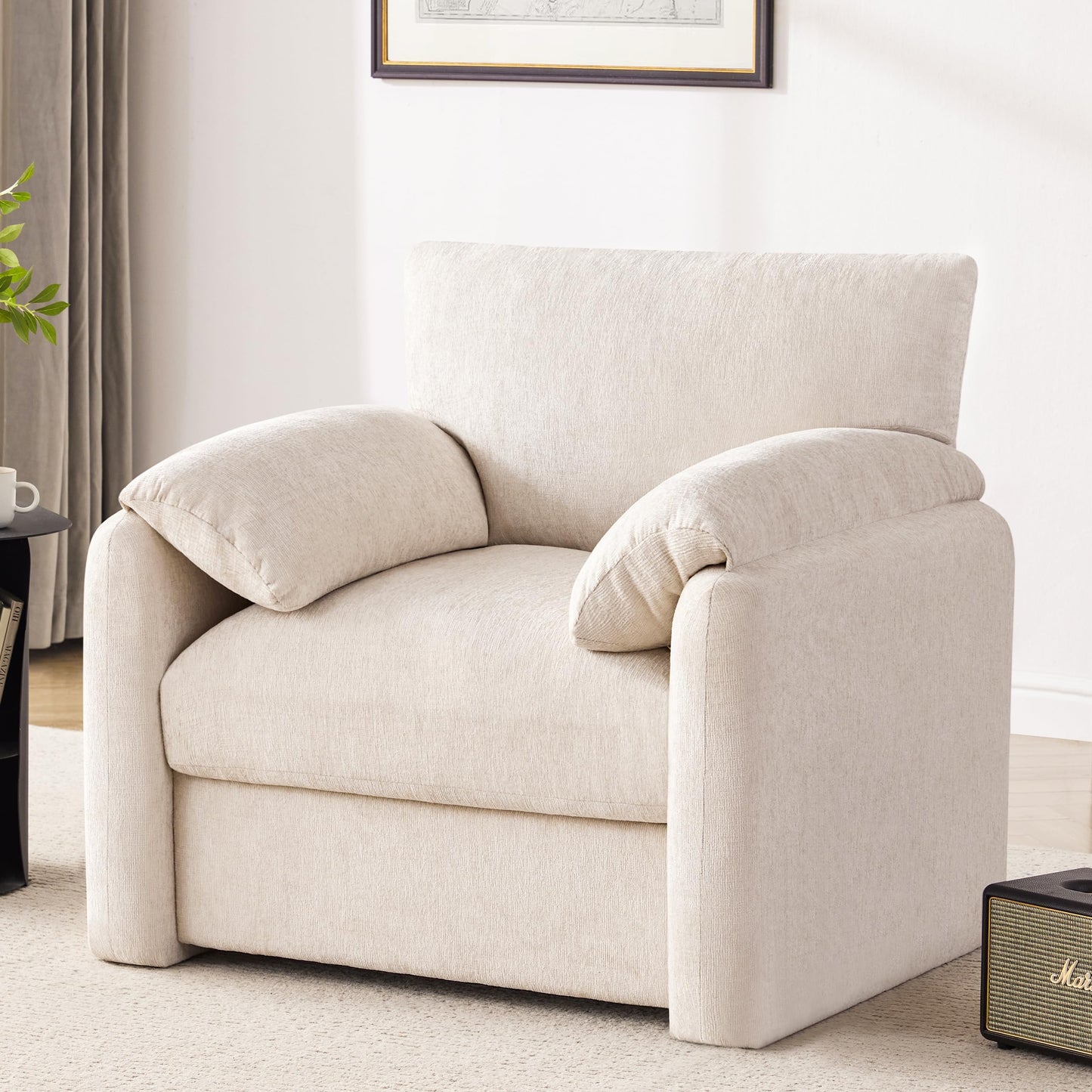 Howjoe Chenille Oversized Armchair, 38.6" Wide Accent Chairs for Living Room & Bedroom Modern Lounge Chair, Upholstered Mid-Century Reading Chair, Comfy Living Room Chair, Single Sofa Chair, Beige