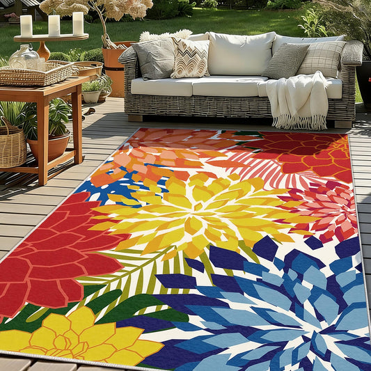 ZonLi Outdoor Rug 8x10Ft Waterproof Multicolored Indoor Area Rug Washable Outdoor Patio Rugs Tropical Floral Non Slip Outdoor Carpet for Living Room, Pool,Backyard,Deck,Camping.