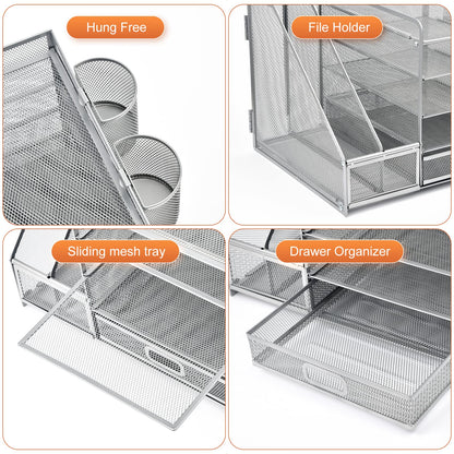 Marbrasse Desk Organizer with File Holder, 5-Tier Paper Letter Tray Organizer with Drawer and 2 Pen Holder, Mesh Desktop Organizer and Storage with Magazine Holder for Office Supplies (Silver)
