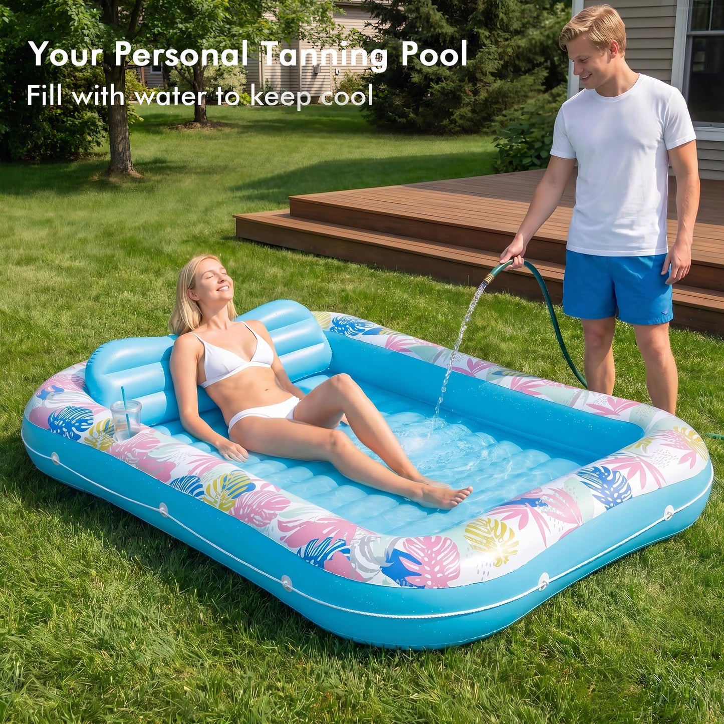 Tanning Pool Lounger Float, OKSUWATER 87" x 63" Pool Floats Adult with Headrest & Drink Holder, Blow-Up Bed Sun Tan Tub for Sunbathing, Beach, Backyard, Outdoor, Summer Water Party (Blue-XL)