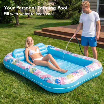 Tanning Pool Lounger Float, OKSUWATER 87" x 63" Pool Floats Adult with Headrest & Drink Holder, Blow-Up Bed Sun Tan Tub for Sunbathing, Beach, Backyard, Outdoor, Summer Water Party (Blue-XL)
