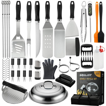 Grilljoy 46PC Griddle Accessories Set with Robust Plastic Handle, All-in-One Griddle Tools Kit for Flat Top Grills Teppanyaki Hibachi, Stainless Steel Grill Spatula Kit for Outdoor Camping Grilling