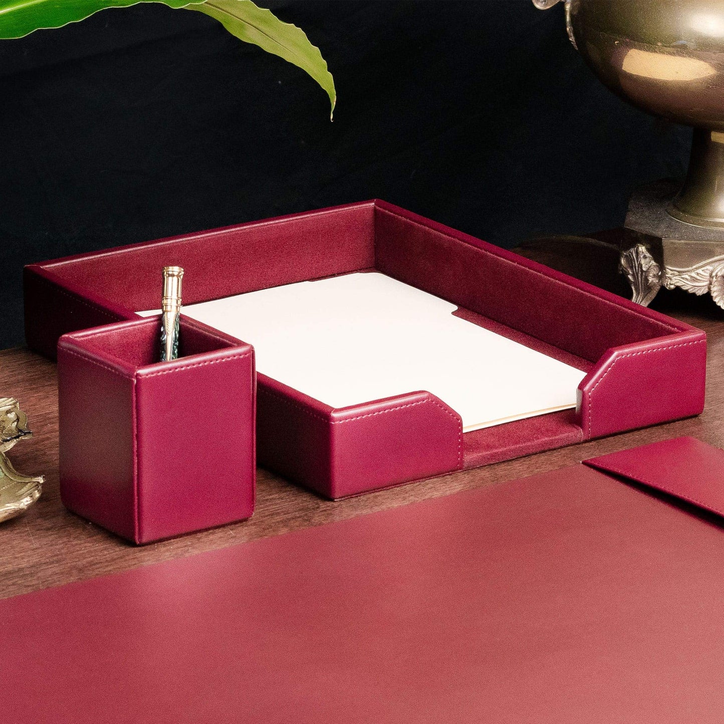 Dacasso Burgundy Bonded Leather Luxury Letter Tray Holder & Paper Organizer for Desk - Executive Desk Decor & Office Organization Essential