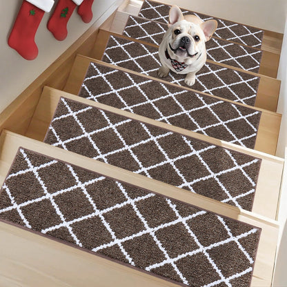 Non-Slip Stair Treads for Wooden Steps Indoor, 15 Pack 9" X 28" Edging Stair Carpet Mat with TPE Backing, 0.4" Thick Stair Runners for Kids Elders & Pets, 100% Polyester Stair Rugs, Brown&White