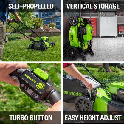 Greenworks 48V (24V x 2) 21" Brushless Cordless (Self-Propelled) Lawn Mower (LED Headlight), (2) 5.0Ah Batteries and Dual Port Rapid Charger Included (200+ Compatible Tools)