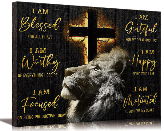 Motivational Lion Cross Canvas Wall Art Cross Christian Lion Wall Decor Pictures Painting Inspirational Affirmations Posters Prints Artwork for Living Office Home Decoration 12x16in
