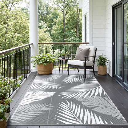 sarben Outdoor Rug 8’x10’ Waterproof for Patio Clearance, Reversible Indoor Outdoor Plastic Straw Camping Rug Carpet, RV Mat, Large Area Rug for Deck, Backyard, Balcony, Porch, Beach, Grey & White