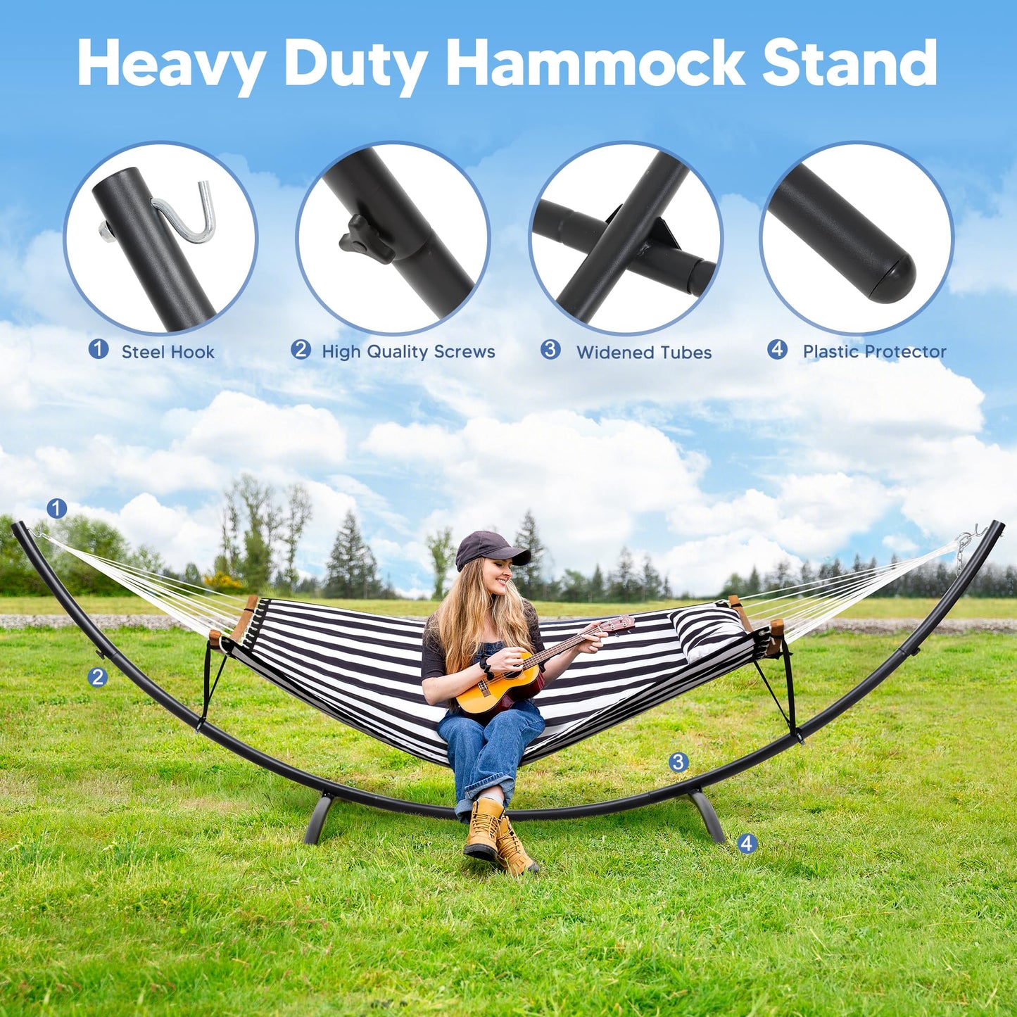 SUNCREAT Hammocks for Outside with Stand, Porch Hammock and Stand, 475 lbs Capacity, Patent Pending, Black & White