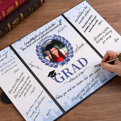 Forwe Graduation Guest Book 2026, Graduation Signature Board Sign in Book with Picture Frame for 4x6 Photo, Class of 2026 Graduation Party Decorations (Black&Blue)
