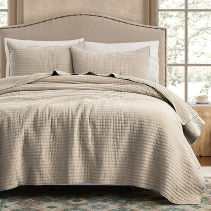 WDCOZY 100% Cotton Queen Size Quilt Set - Beige Neutral Striped Pick Stitch Soft Lightweight Bedspread, Textured Like Linen, Farmhouse Country Rustic Coverlet, Shabby Chic Gauze Bedding, 3 Pieces