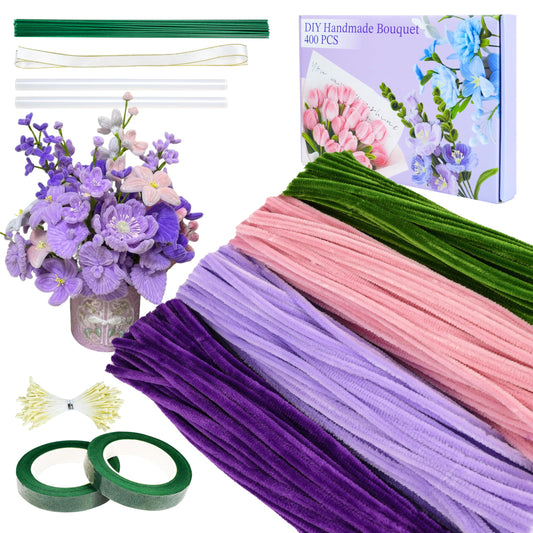 KeepTwenty 400 Pcs Pipe Cleaners Craft,4 Assorted Colors Pipe Cleaners Bulk, Chenille Stems for DIY Flower Making Kit with Floral Wires, Gardening Tape,Stamen for Starter,Gift Wrapping Party Decor
