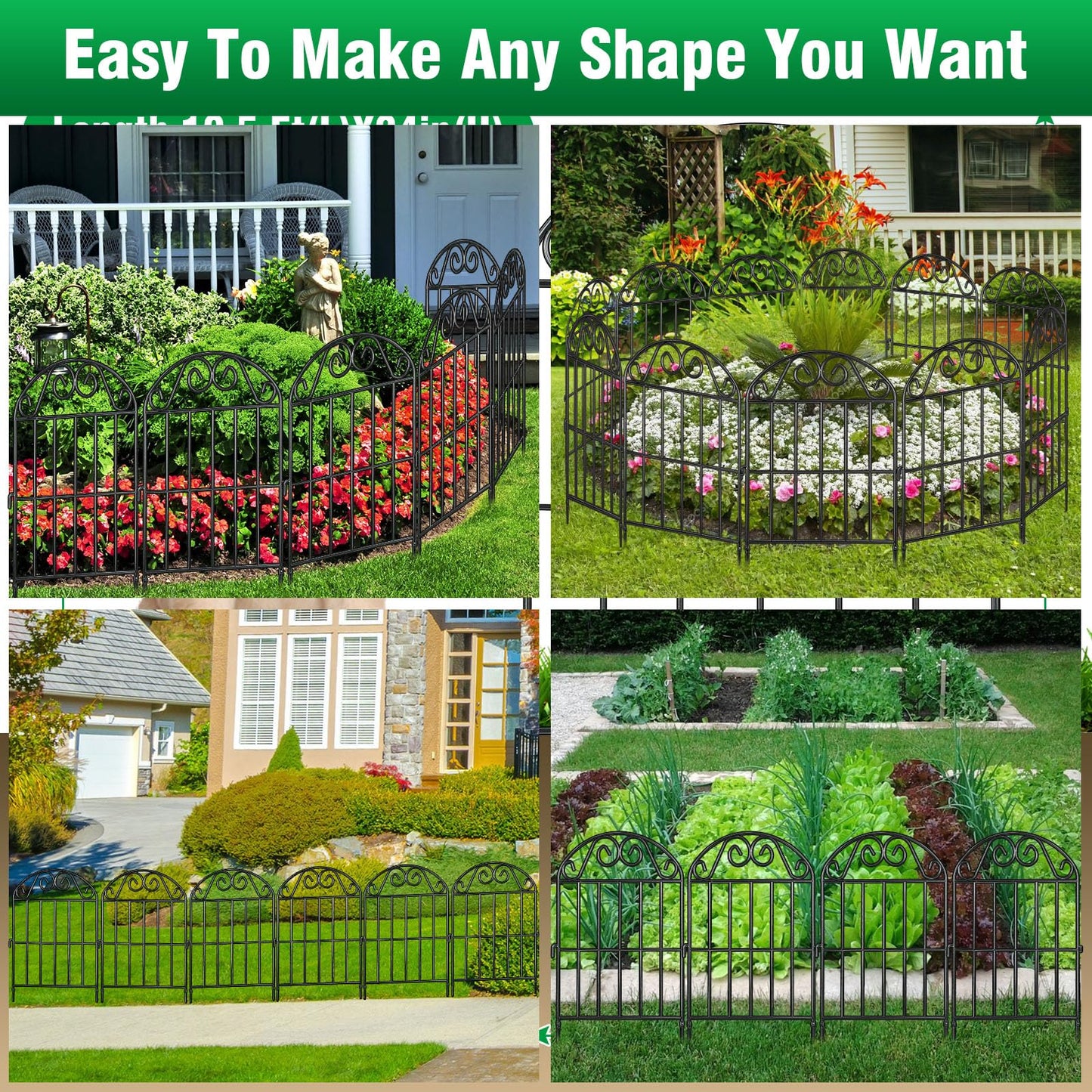 ADAVIN 24 Panels Collapsible Garden Fence Animal Barrier,24 Ft(L) x 24 in(H) Black Rustproof Metal Wire Panel Border for Dogs Rabbits, Flower Edging for Landscape Patio Yard Outdoor Decor, Arched