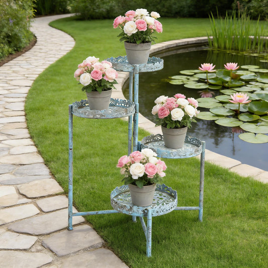 4 Tier Vintage Corner Plant Stand for Indoor Outdoor Distressed Metal Flower Pot Holder Shelves with Ornate Cutout Edges Multi-Level Planter Rack Display Corner Shelf Antique Foldable Tall Plant Shelf for Patio Porch Garden Balcony Living Room (Blue)