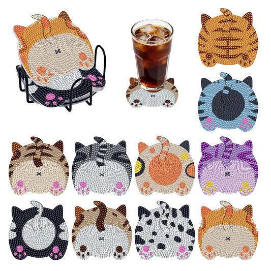 BOCACUE Cute Cat Diamond Art Coasters Kit for Adults, 10 PCS Diamond Painting Coasters with Holder, Cute Gem Painting Coasters for Desk, DIY Diamond Art Crafts, Cat Lover Gifts for Women