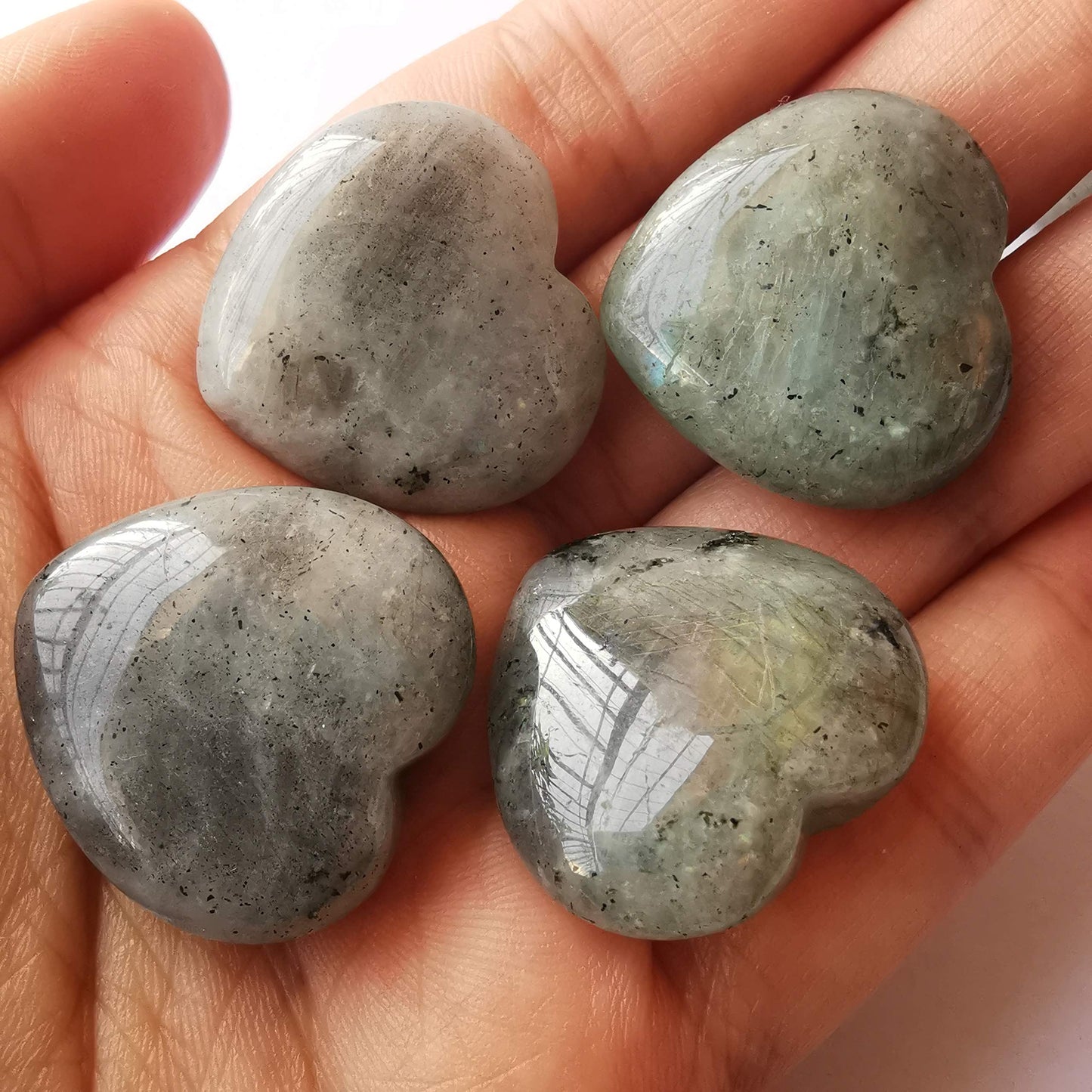 Loveliome 4 Pcs Natural Labradorite Love Heart Palm Stone Reiki Balancing Worry Stone(1 Inch)