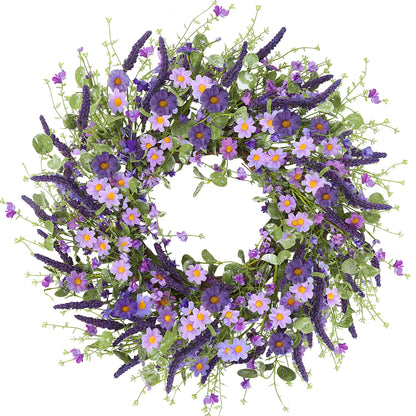 Sggvecsy Purple Daisy Wreath 24 Inch Spring Summer Wreath with Fake Silk Floral Green Eucalyptus Leaves and Lavender for Front Door Window Wall Wedding Farmhouse Festival Decor