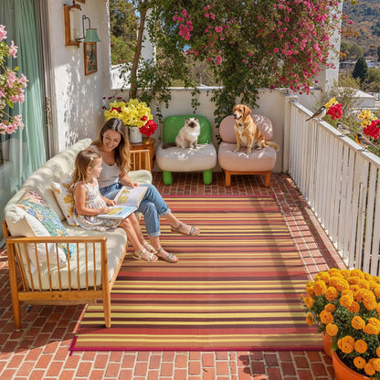 WondRg Outdoor Plastic Straw Rug Waterproof Patio 5x8 Red Orange Stripe Mat for Porch Camping RV Balcony Deck Courtyard Reversible Lightweight Durable Portable Carpet