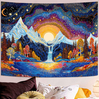 Lunerfex Starry Mountain Waterfall Sunrise Wall Tapestry, Trippy Cosmic Landscape Tapestries for Room Decor, Vibrant Tapestry 60x44 Inch