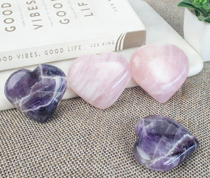 Crocon 2 pcs 50mm Crystal Heart Amethyst & Rose Quartz, (Set of 2) Healing Stone for Heart Chakra Crystal Heart Shape Love Heart Crystal Gift Pocket Stone Reiki Meditation Gift for him her