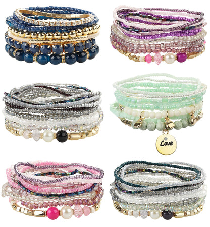FIBO STEEL 6 Sets Bohemian Stackable Bead Bracelets for Women Stretch Multilayered Bracelet Set Multicolor Jewelry Boho Jewelry,Small Beads Stylish Style