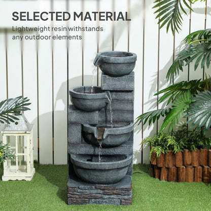 Outsunny 30" Tall Outdoor Waterfall Fountain with LED Lights, 4-Tier Resin Cascading Water Bowls with Pump, Gray