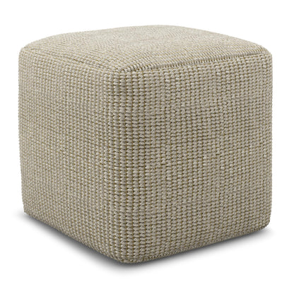 SIMPLIHOME Zelma Square Pouf – 18 inch Wide Upholstered PET Polyester Ottoman in Cream and Natural, Boho Indoor/Outdoor Footstool or Extra Seating for Living Room, Bedroom, or Patio, Assembled