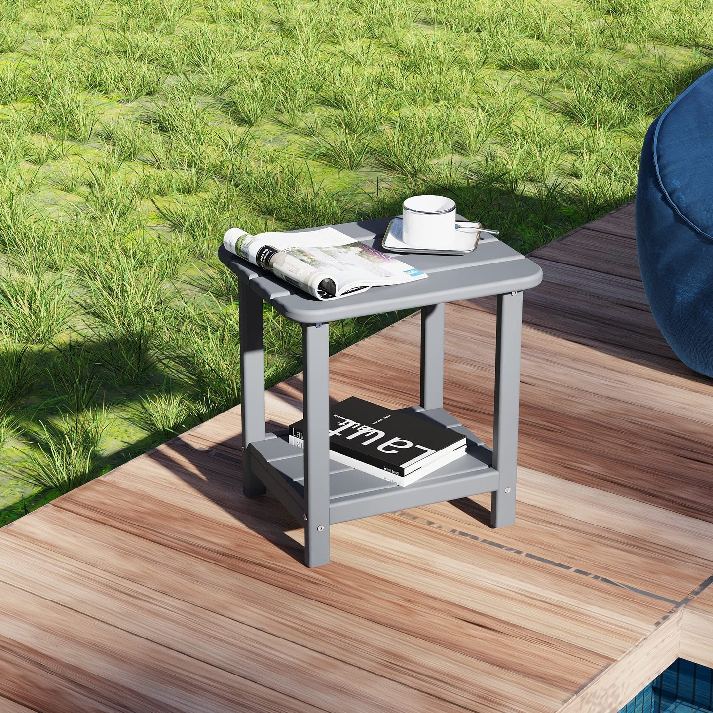 Sundale Outdoor 18" Small Side Table, Patio HDPE All Weather Small Adirondack End Table Water Resistant 2 Tier Rectangular Outside Table for Pool, Garden, Beach, Grey