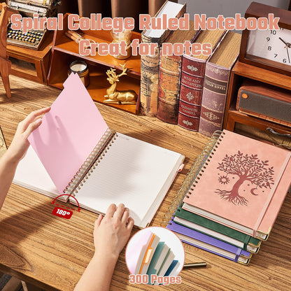 Ovesmusl Hardcover Spiral Notebook 8" x 10" with 5 Removable Dividers 300 Pages Leather 5 Subject Notebook College Ruled 100GSM Large Spiral Notebooks for Work Thick Lined Journal for Women, Pink