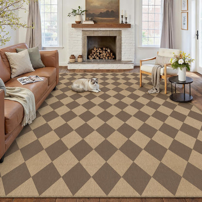 PureCozy 8x10 Checkered Easy Jute Area Rug for Living Room Large Checkerboard Washable Indoor Outdoor Carpet Farmhouse Patio Office Mat Geometric Non Slip Brown Carpet for Backyard Dining Room