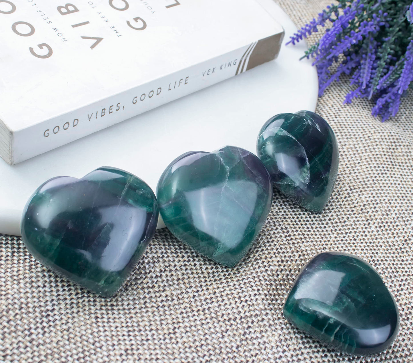 Crocon 50mm Multi Fluorite Heart stone Big Heart Shape Puff Stones Set 450+ Carats Pocket Crystal Healing Tumble Collection Palm Worry Stone Good Luck Charm Meditation Gift Craft Home Decor