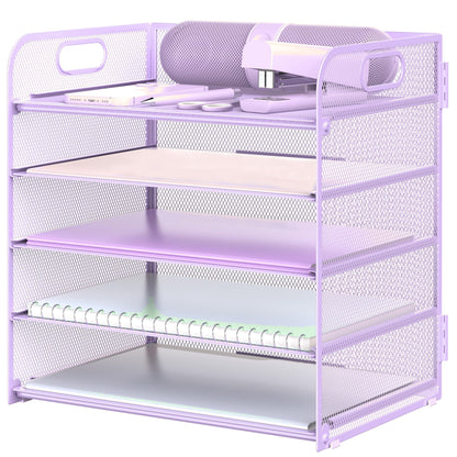 Letter Tray Paper Organizer 5-Tier Desk Organizer File Organizer Paper Holder with Handle, Metal Desktop Document Shelf Tray Office Classroom Organization - Purple