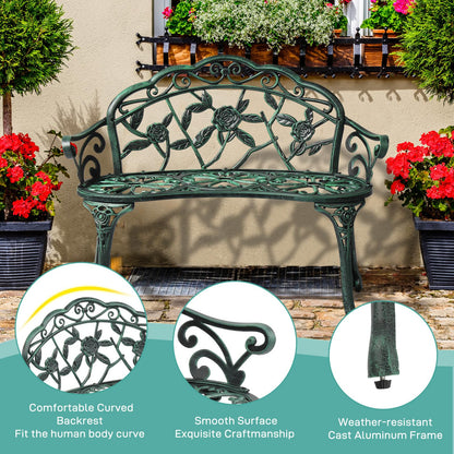 VINGLI 38.5" Patio Park Garden Outdoor Metal Rose Bench, 2-Person Cast Iron Cast Aluminium Frame Antique Finish Chair,Accented Lawn Front Porch Path Yard Decor Deck Furniture (Green, Rose)