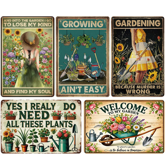 Vintage Metal Sign, Metal Wall Art, Funny Bar Signs, Motivational Positive Affirmations Wall Decor, Funny Tin Signs for Home Office School Gym & Locker Room 8x12 Inch (5Pcs Funny Metal Garden Sign)