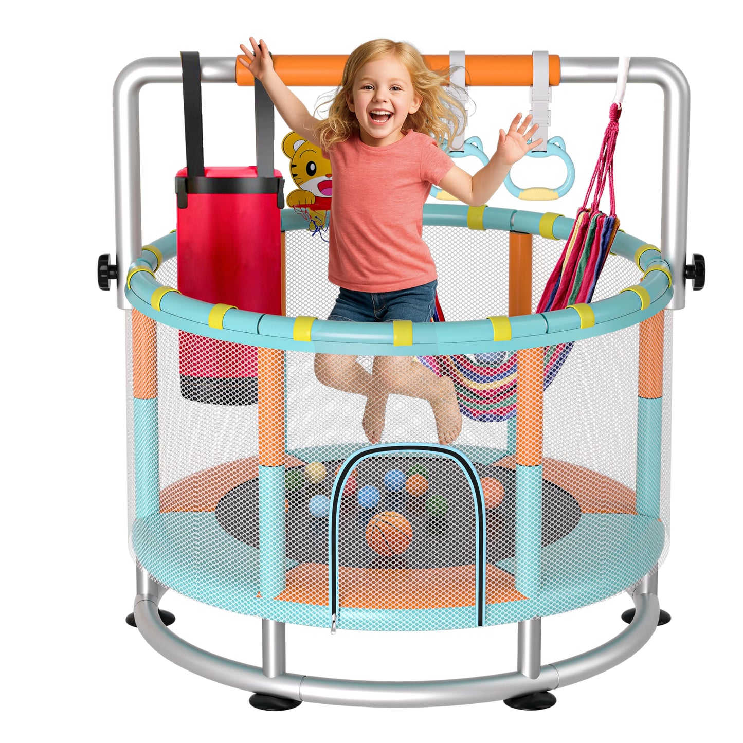 KINETRA 55" Kids Indoor Trampoline with Safety Net, Adjustable Gymnastics Bar & Toys – Indoor/Outdoor Toddler Play Gym for Boys & Girls Ages 3+, Birthday Gifts (Emerald Bounce)