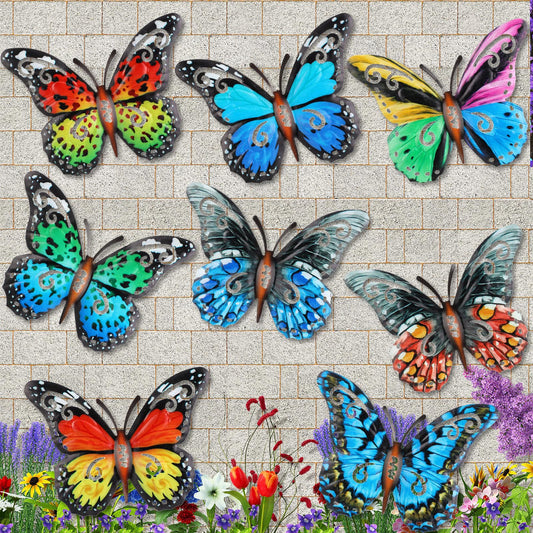 Jetec 8 Pcs Metal Butterfly Wall Decor 6.5 Inch Outdoor Butterflies Wall Art Sculpture 3D Butterfly Hanging Decoration for Spring Outside Fence Garden Yard Home Patio Balcony(Stylish Style)
