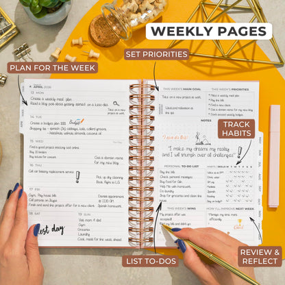 Clever Fox Dated Planner with Tabs 2026 – Weekly & Monthly Spiral Planner with Habit Tracker for Goal Setting & Time Management (Rose Gold)