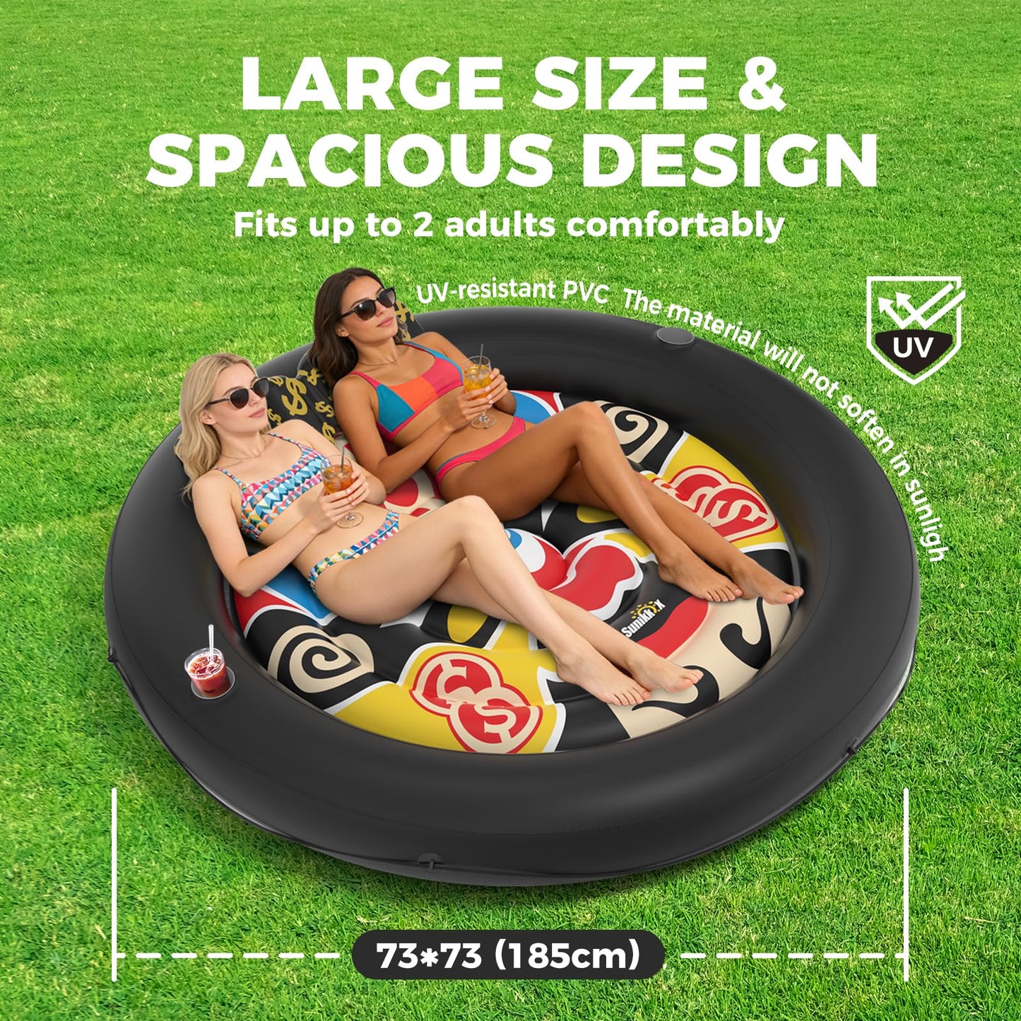 Sunikko X 73"x73" Inflatable Tanning Pool Floats Lounger Bed for Adults, Lucky Design XL Round Blow Up Pool Raft with Cup Holders, Pillow, 500lb, Sunbathing, Pool, Beach, Lake, Backyard Party