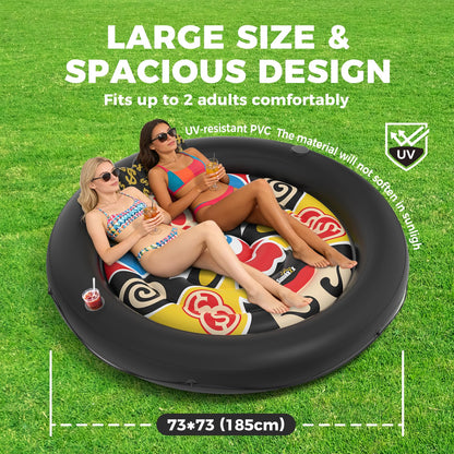Sunikko X 73"x73" Inflatable Tanning Pool Floats Lounger Bed for Adults, Lucky Design XL Round Blow Up Pool Raft with Cup Holders, Pillow, 500lb, Sunbathing, Pool, Beach, Lake, Backyard Party