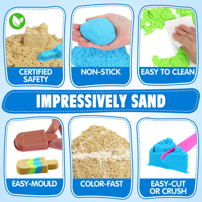 Billeeit 4.4 lbs Play Sand w/Storage Sandbox, 4-Pack(2 Yellow, 1 Blue, 1 Green) Sensory Bin Refill Sand for Shaping, Molding, Pressing, Scooping, Rolling, Self-Sticking Sand Sensory Toy for Kids 3+