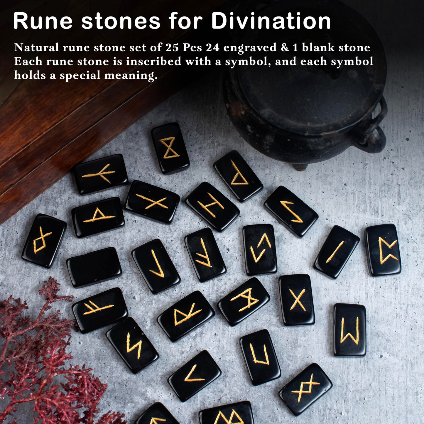 Crocon Black Agate Rectangle Shape Gemstone Runes with Elder Futhark Alphabet Engraved 25 pcs Rune Set Crystal Metaphysical Healing Chakra Reiki Runes Set with a Pouch Fathers day gift Size: 20-25mm