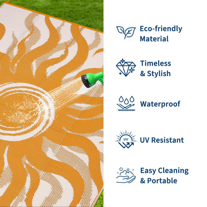 Garvee Outdoor Rug 8x10 Waterproof Patio Rugs with Boho Sun Pattern, Reversible Plastic Straw Camping Rugs Outdoor Indoor RV Mat Carpet for Deck, Backyard, Picnic, Porch, Balcony, Beach, Orange