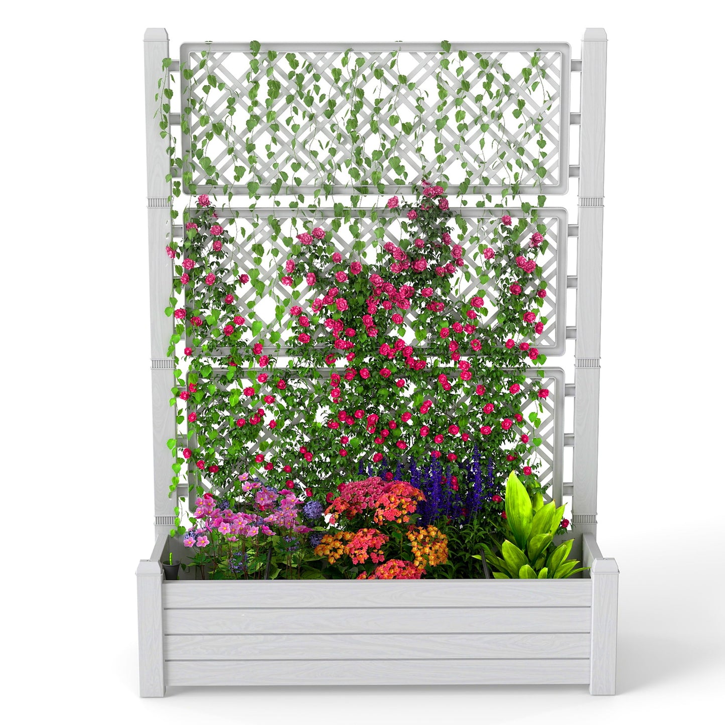 EasyUp Raised Garden Bed with Trellis for Climbing Plants, Outdoor Herb Planter Box with Drainage Plug & Water Gauge, Durable Resin for Patio, Balcony, Yard, Dust-Proof Garden Planter