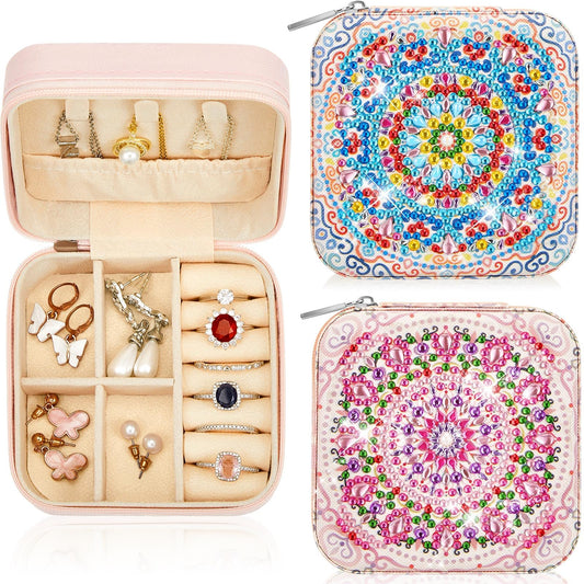 Hinly 2 Pcs Portable Diamond Painting Jewelry Storage Box DIY Diamond Art Accessories PU Leather Jewelry Ring Organizer Case Travel Jewelry Organizer(Charming Style,Elegant Color)