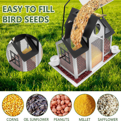Solar Bird Feeders House for Outside Hanging, Metal Wild Bird Feeder for Outdoors Large Capacity Cardinal Birdfeeder Birdhouses Metal Bird Feeding Station White