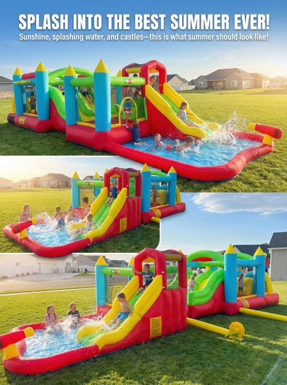 Giant 29FT Wate Slide Bounce House Detachable (15.3+13.5FT) Combo, Obstacle Course & Waterslide, Tunnel/Jumping Area/Spalish Pool, Bouncy Castle for Summer Fun, Inflatable Water Park Holds 10 Kids