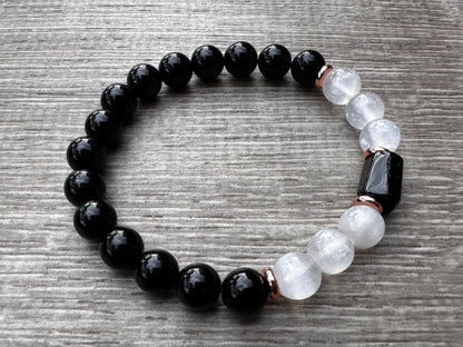 Black Tourmaline and Selenite Crystal Bead Bracelet 8mm, Genuine Black Tourmaline Cylinder with Copper Discs Stretch Gemstone Bracelet, Healing Crystal Bracelet, Gift for Men & Women (1)