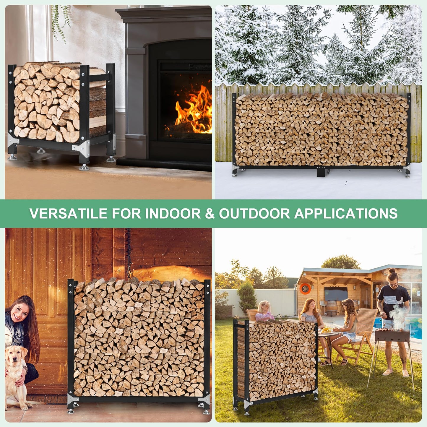 M METERXITY 4ft 1/4 Cord Firewood Rack Outdoor Upgrade Heavy Load-Bearing Frame, Wood Racks with Anti-Slip Adjustable Pad, Firewood Logs Holder Stand for Outdoor Indoor Patio Firepit